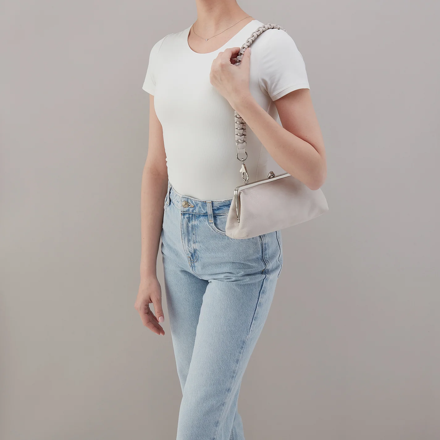 Alba Frame Small Shoulder Bag in Buffed Leather - Stone - Image 3