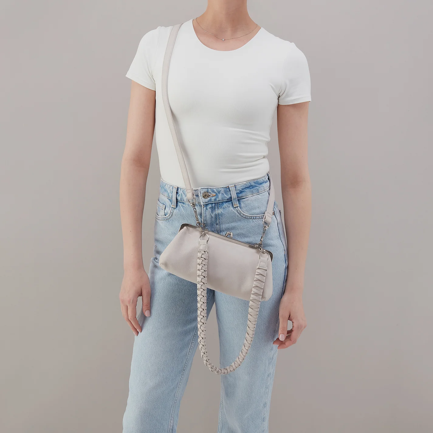Alba Frame Small Shoulder Bag in Buffed Leather - Stone - Image 6
