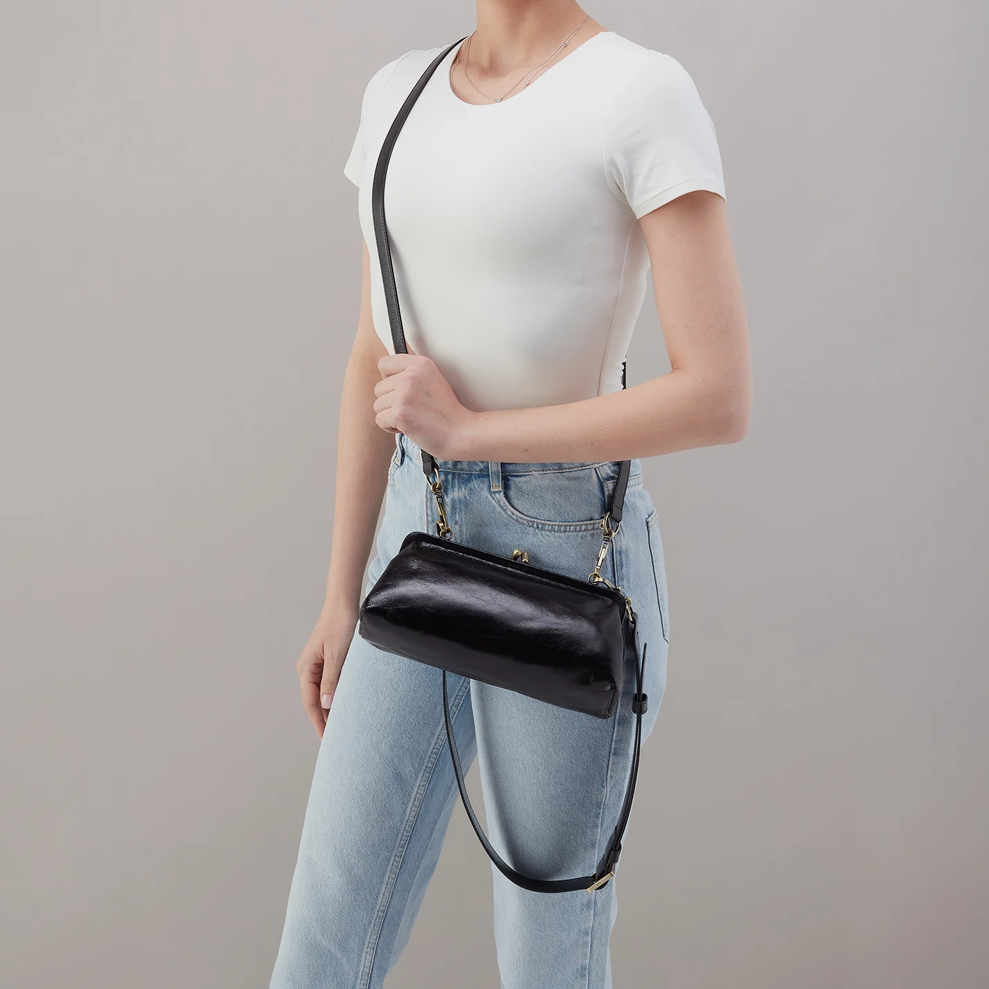 Alba Frame Small Shoulder Bag in Polished Leather - Black - Image 6