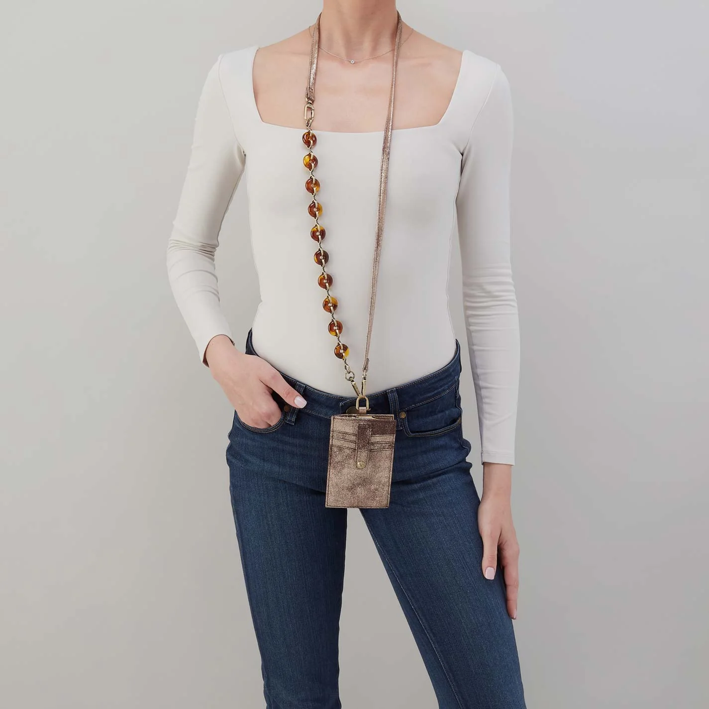 Around Town Lanyard in Metallic Leather - Cocoa Platinum - Image 2