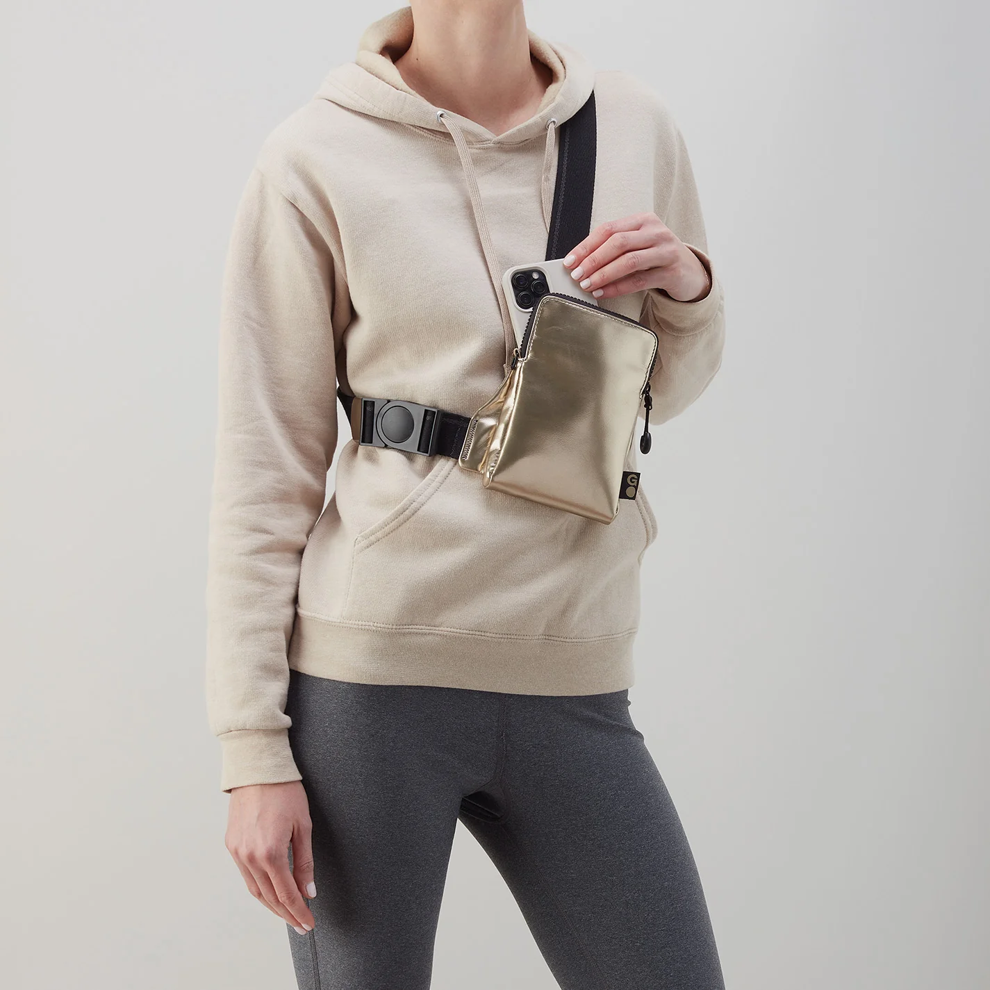 DIALED IN Phone Bag in EverShine nylon - Coffee Gold Metallic - Image 8