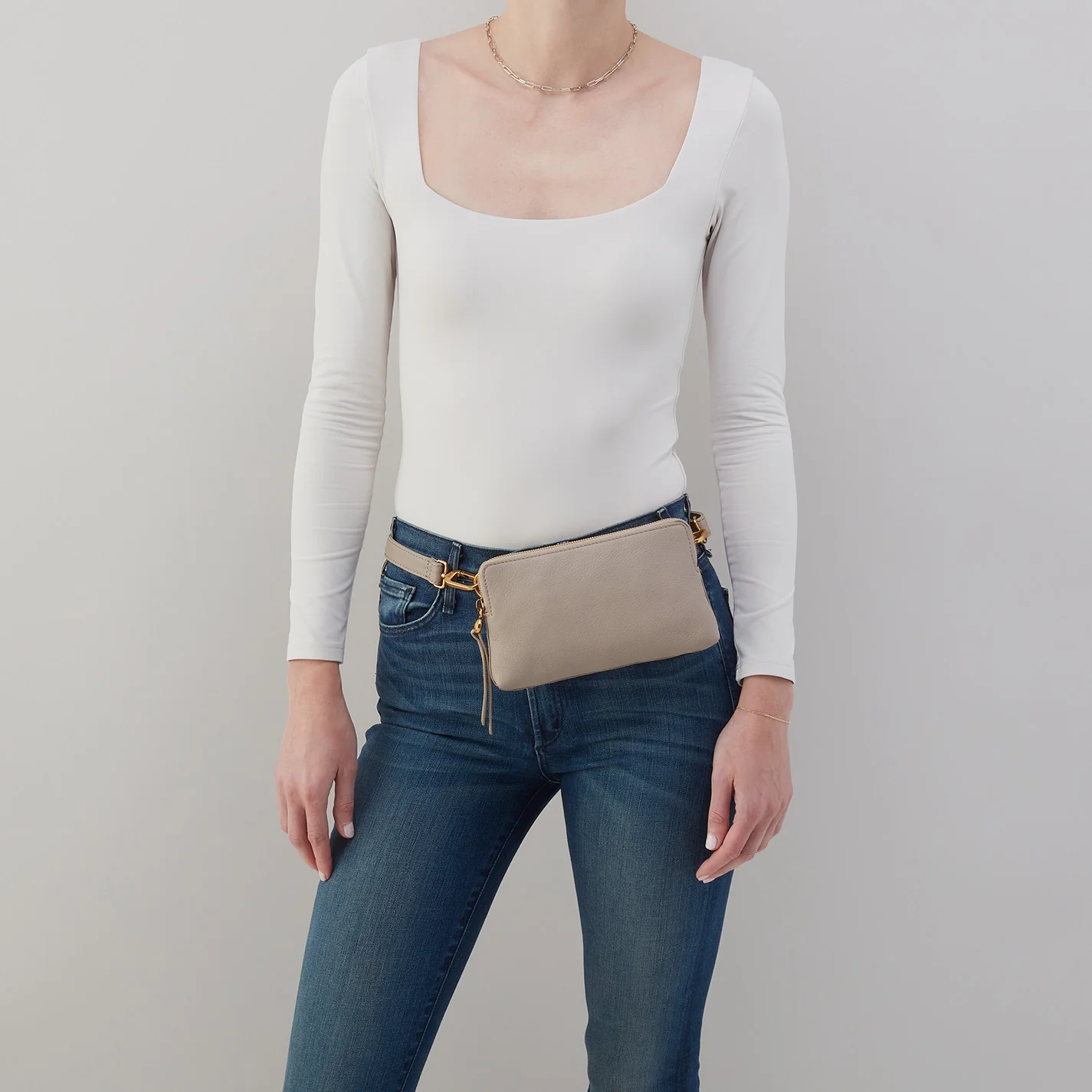 Fern Slim Belt Bag in Pebbled Leather - Taupe - Image 4