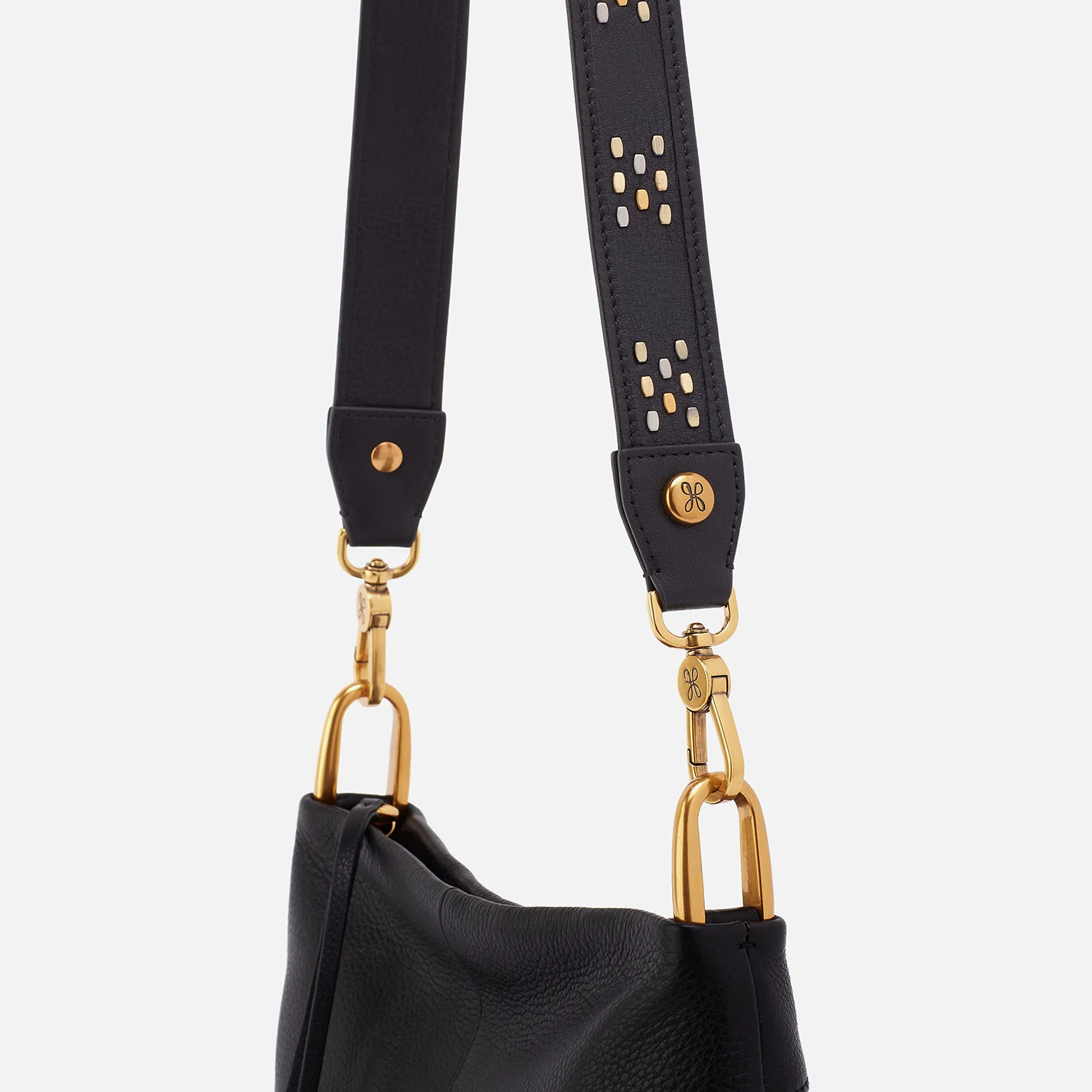 Flat Stud Guitar Strap In Polished Leather - Black - Image 2