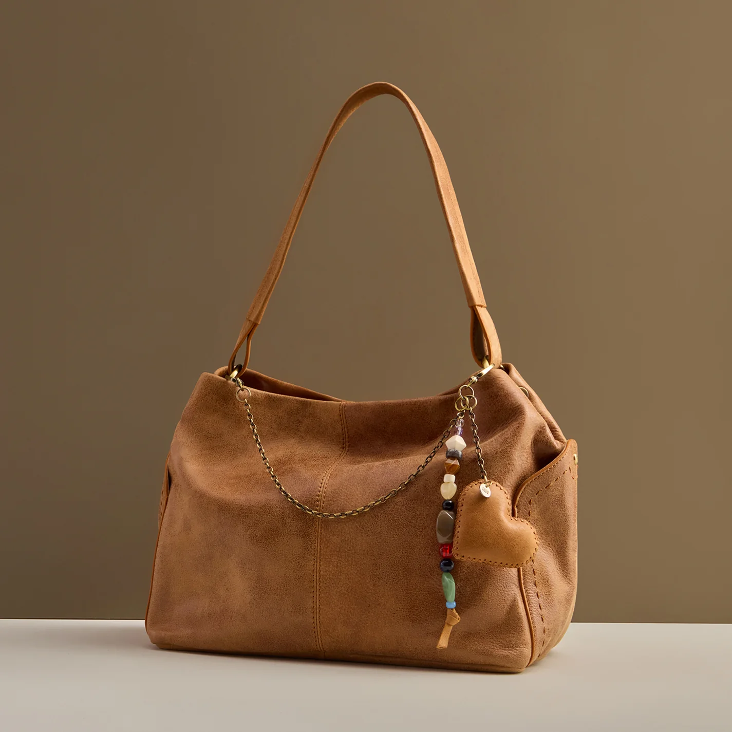 Heart Swells Charm In Buffed Leather - Whiskey - Image 2