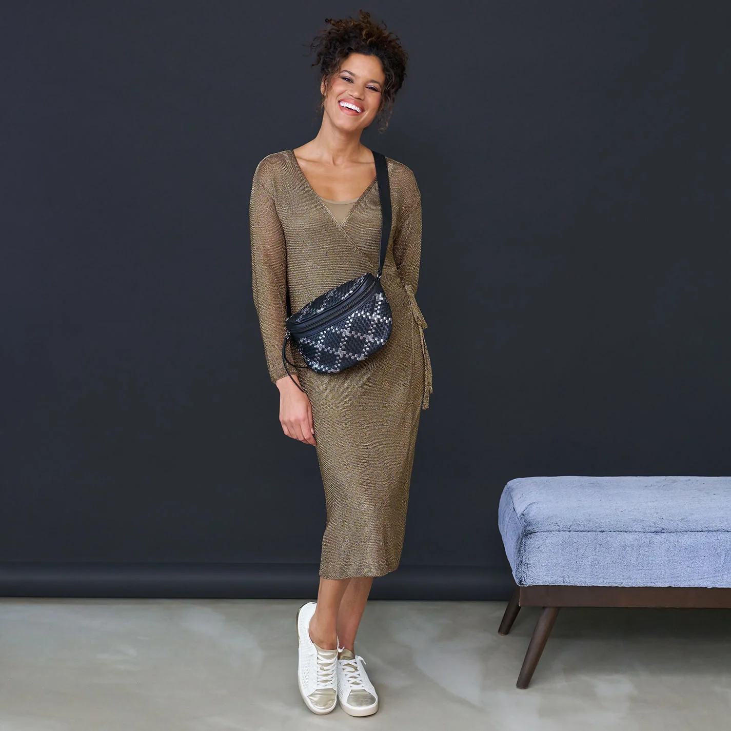 Juno Belt Bag In Woven Leather - Black Metallic Woven - Image 2