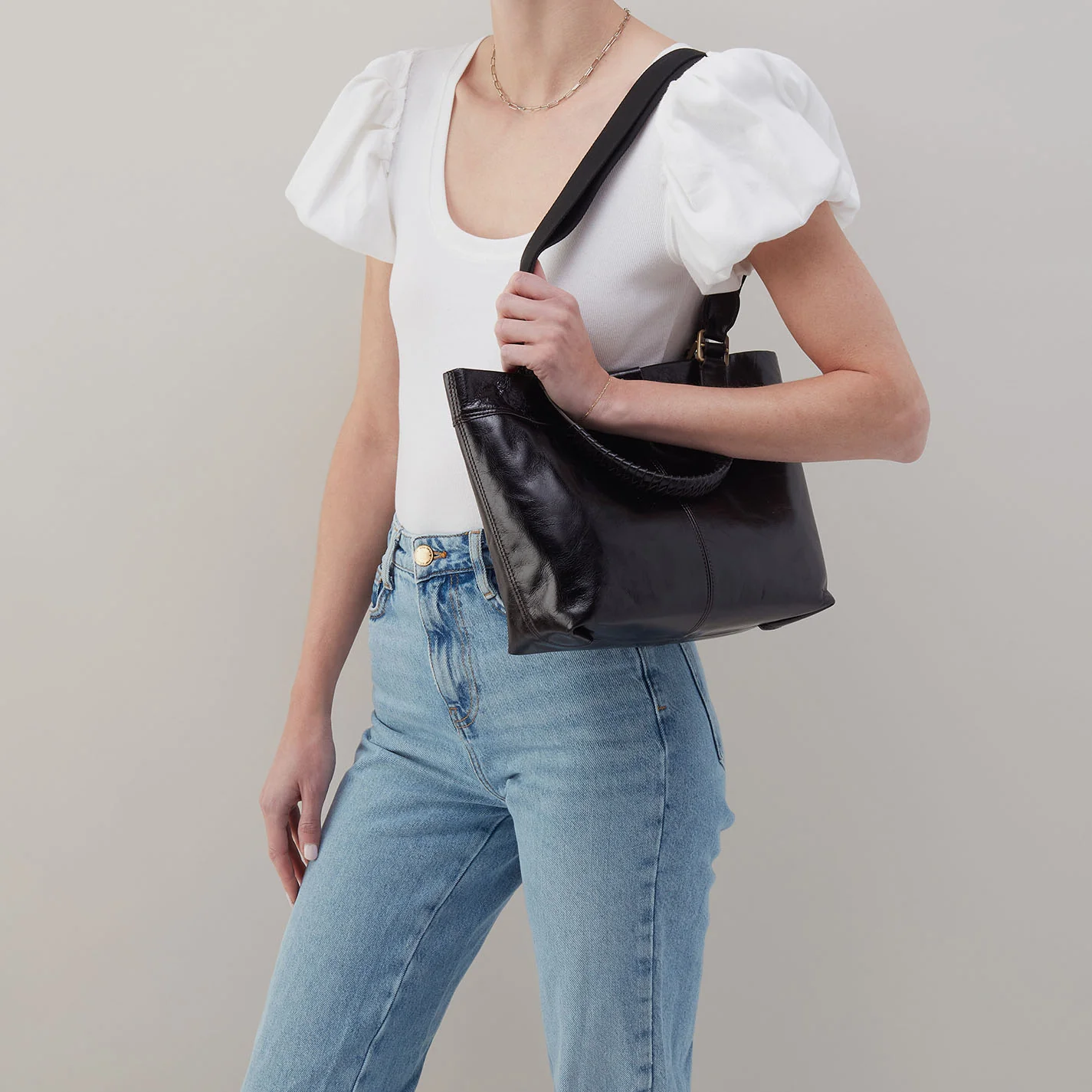 Romy Medium Tote in Polished Leather - Black - Image 2