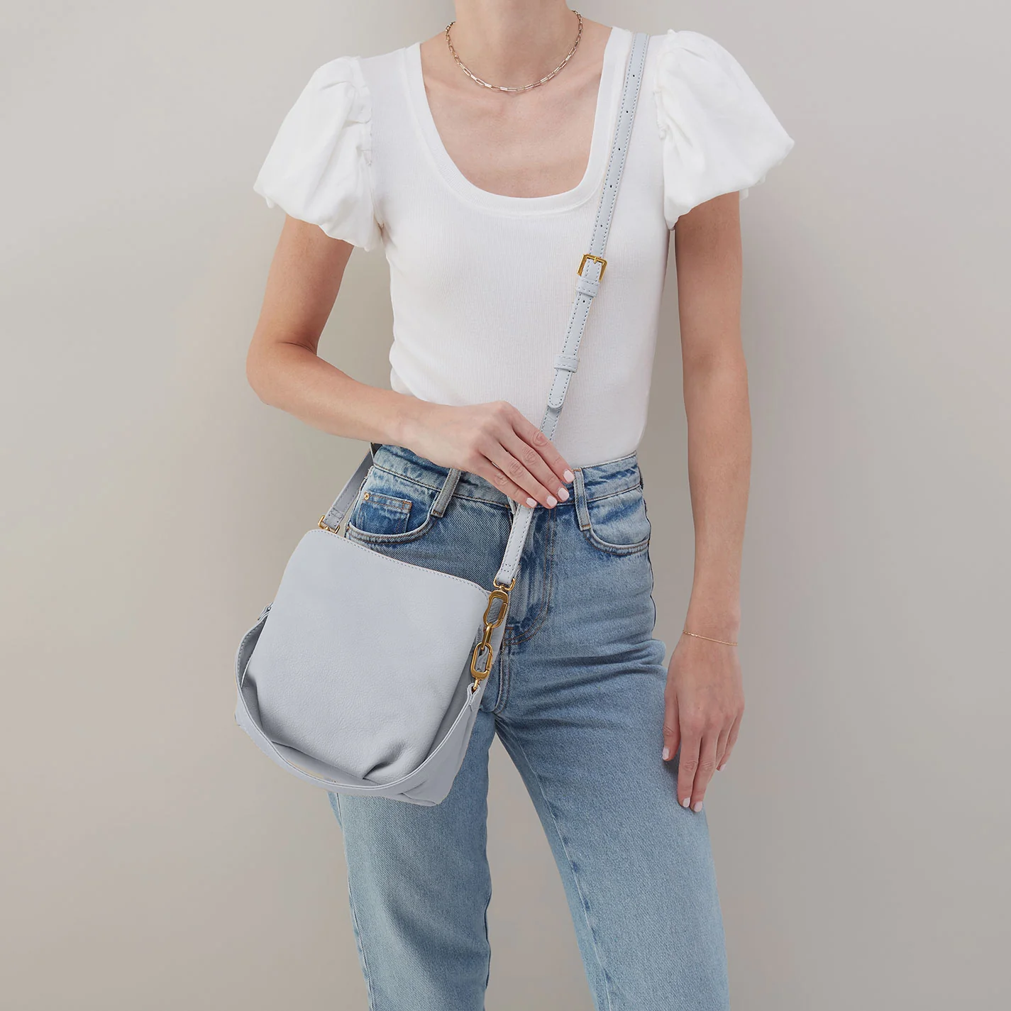 Starr Convertible Shoulder Bag in Pebbled Leather - Blue Pearl - Image 4