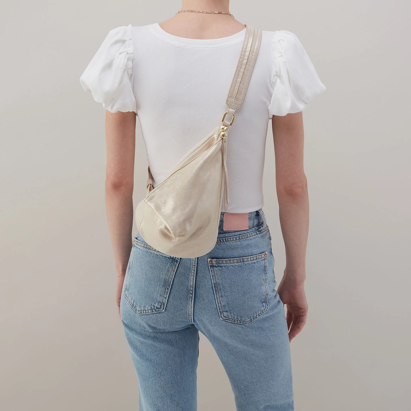 Sway Small Sling In Metallic Leather - Sand Shimmer - Image 3