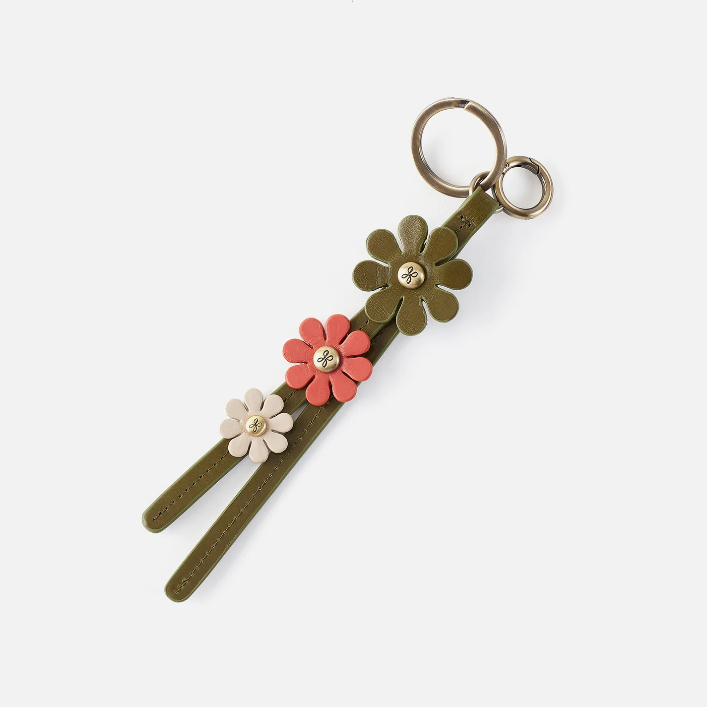 Triflower Keychain In Polished Leather - Olive Veil